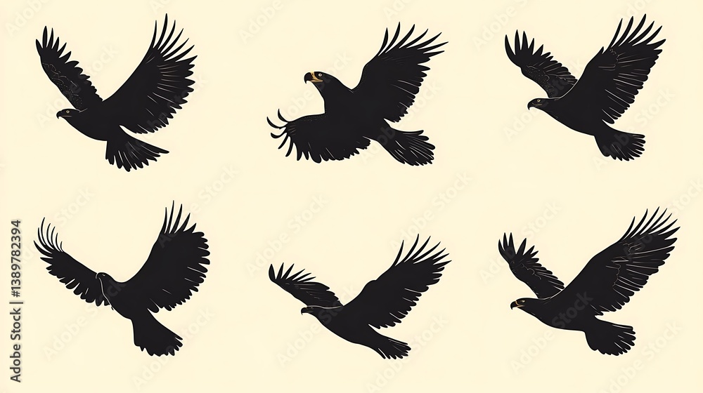 Fototapeta premium Black silhouette images of various raptors soaring across the sky