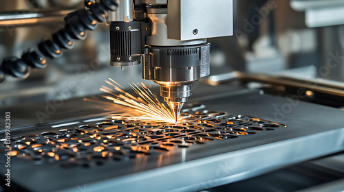 An AI powered precision laser cutting system, manufacturing intricate metal parts with high accuracy and minimal waste, Manufacturing tech style photo