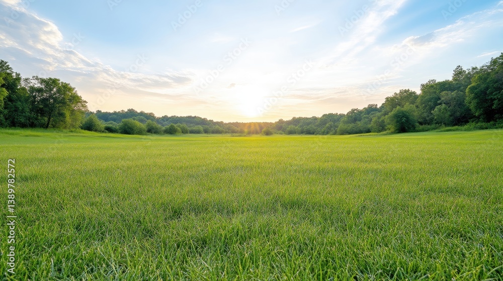 Vast grassy field at sunset, lush green expanse under a vibrant sky Vast grassy field at sunset, lush green expanse under a vibrant sky