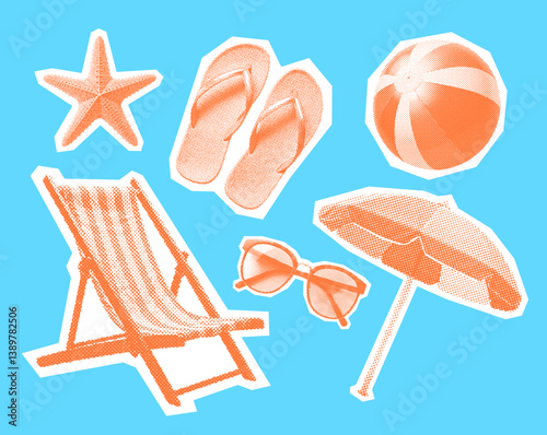 beach set, deckchair, slippers, sunglasses, starfish, umbrella, beach ball, retro halftone effect, vintage photocopy summer collection