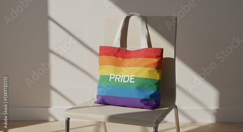 Pride tote bag displayed on a chair with soft shadows  