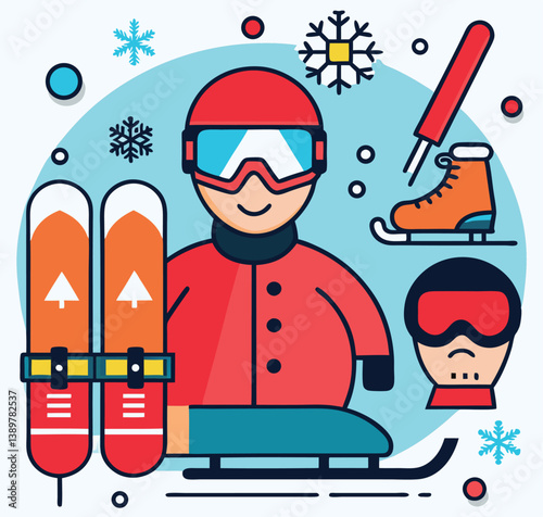 Winter Sports Gear And Athletes Flat Design Illustration Vector Graphic