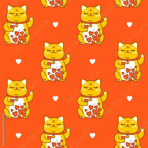 Seamless pattern with cute сartoon maneki neko on red  - funny asian background for Your kawaii design