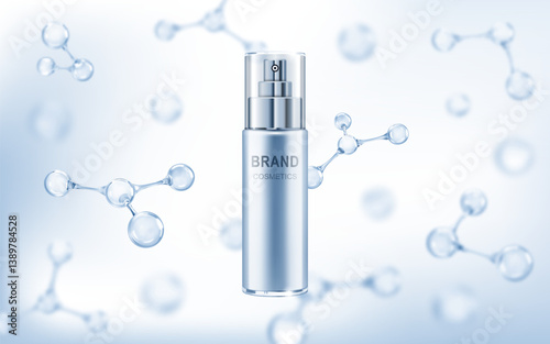 Beauty cosmetic product with molecules. Cosmetic bottle with molecules or atoms. Concept skin care cosmetic solution. Realistic vector
