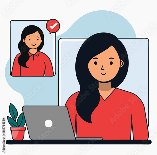 Young Woman Working On Laptop During A Video Call Illustration