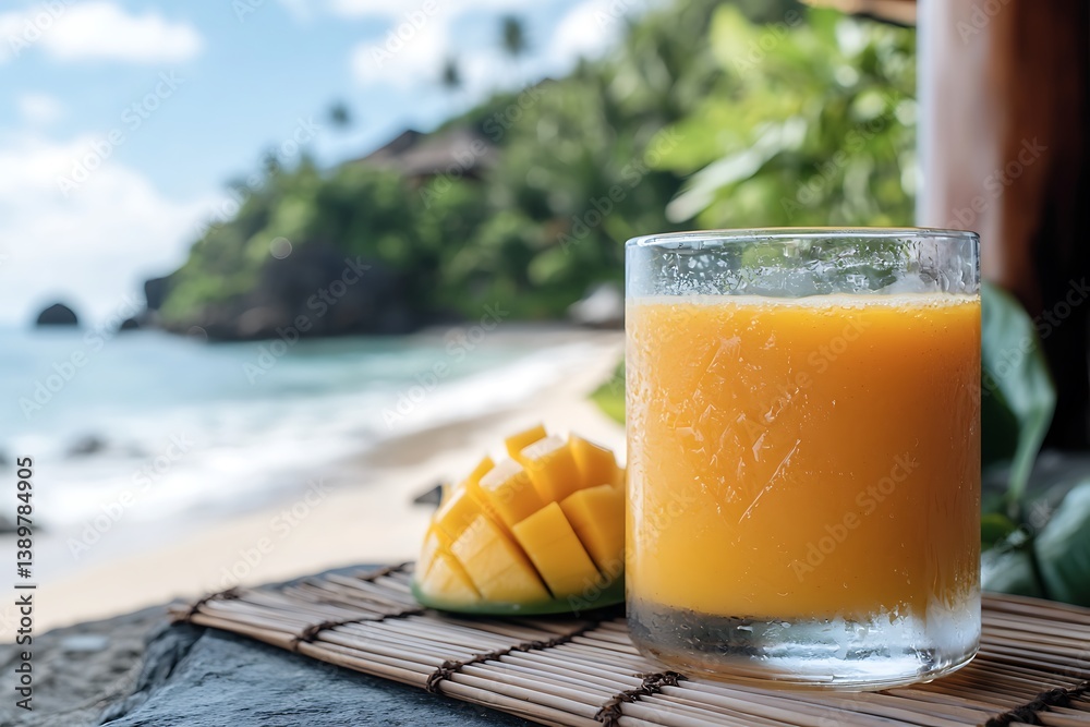 A refreshing tropical drink served next to sliced ripe fruit