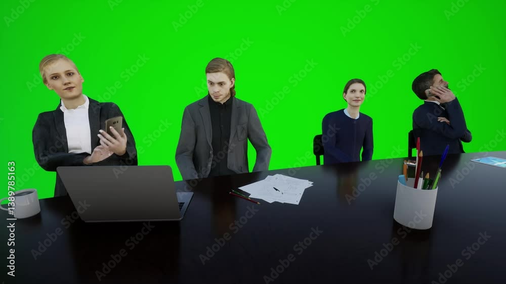 An animated scene showing 3D animation of a meeting of with chroma key background, great for visual effects and marketing content. An animated scene showing 3D animation of a meeting of with chroma key background, great for visual effects and marketing content.