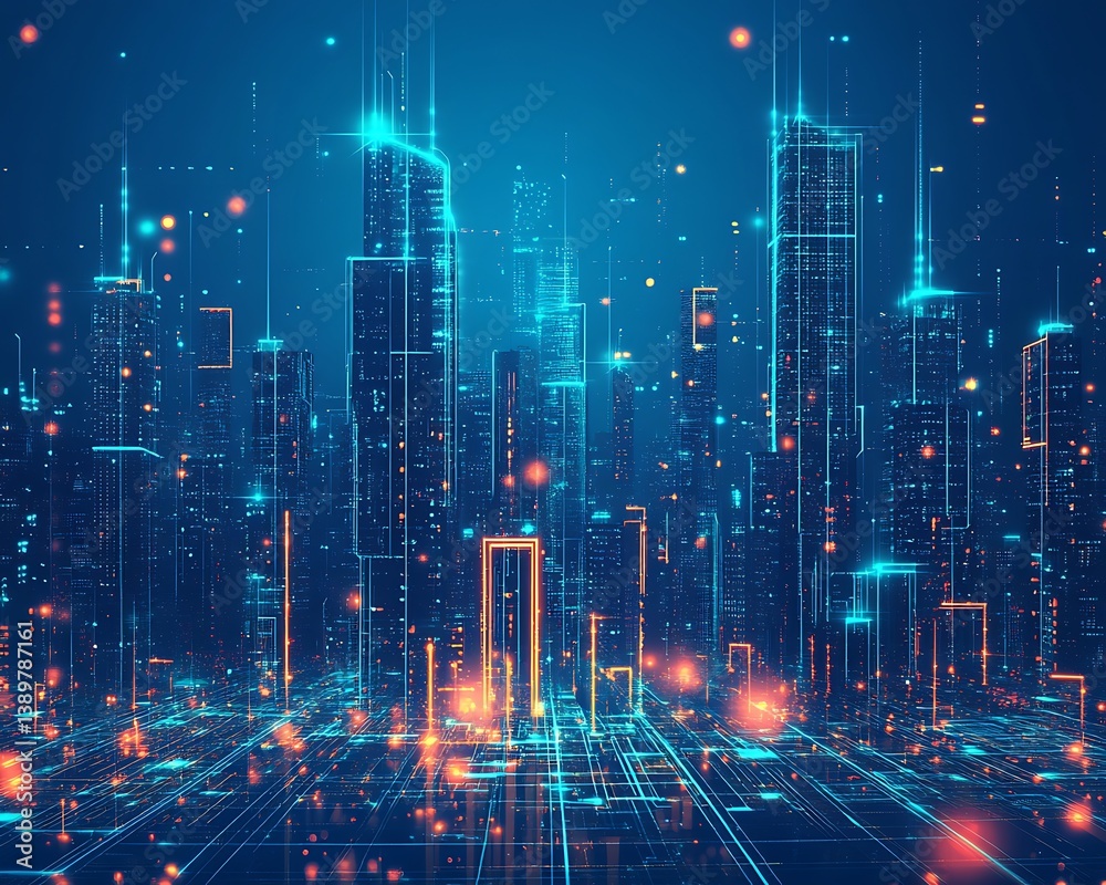 Fototapeta premium Futuristic digital city skyline with glowing circuits and networks everywhere