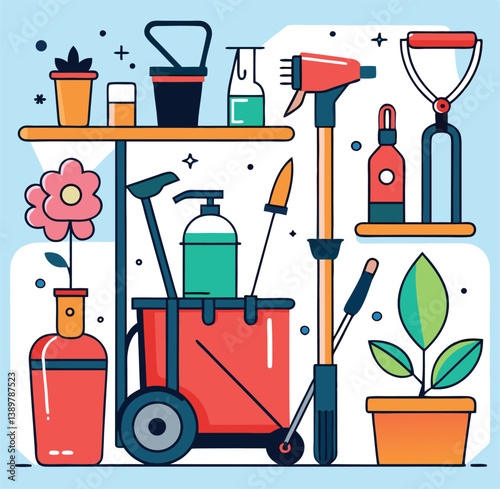 Cleaning Supplies Cart And Various Plants Illustration For Cleaning Service