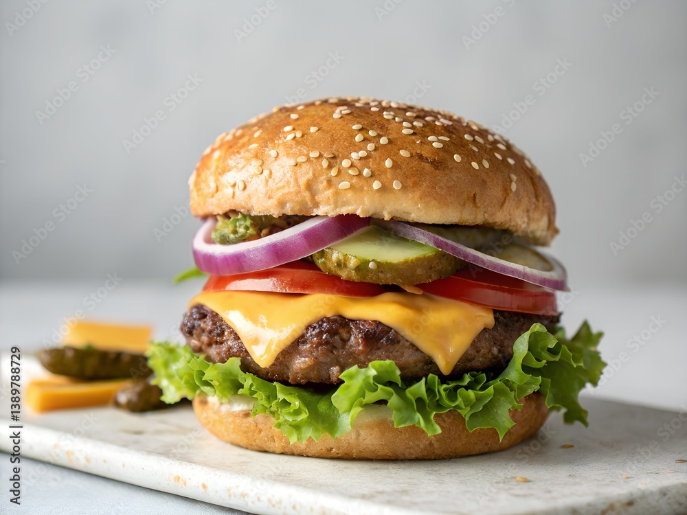 A close up view of a hamburger with cheese lettuce tomato and onion on a sesame seed bun top A close up view of a hamburger with cheese lettuce tomato and onion on a sesame seed bun top