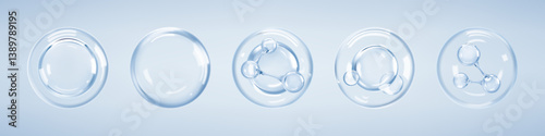 Molecules inside bubbles on blue background. Collagen serum bubble. Cosmetic essence. Hyaluronic acid. Concept skin care cosmetics solution. Vector 3d illustration