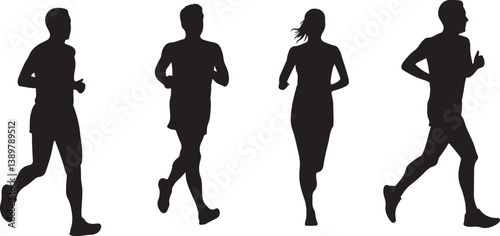 Marathon Runner Running Silhouette, Marathon run. Group of running people, men and women. Isolated vector silhouettes. People running silhouette, Running exercise healthy lifestyle.