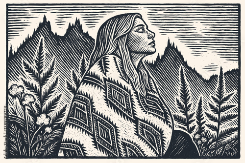 Vintage woodcut style vector. Woman in patterned blanket contemplates nature. Mountain landscape with ferns, flowers. Serene, peaceful mood.