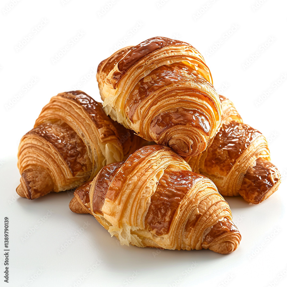 A set of golden croissants, slightly stacked, flaky layers visible, ultra-HD focus, balanced exposure, noise-free, pure white background.
A set of golden croissants, slightly stacked, flaky layers visible, ultra-HD focus, balanced exposure, noise-free, pure white background.