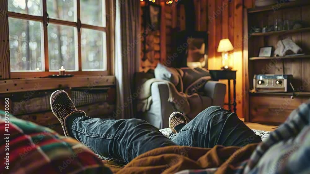 Man relaxing with feet up on cozy cabin bed under warm light, forest visible through window. Concept of rustic comfort and digital detox