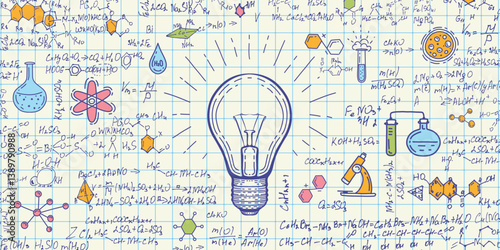 School background in chemistry .Light bulb glowing .Handwritten formulas background. Vector illustration .