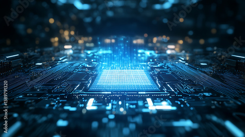 An AI powered quantum computing system, quantum processors analyzing complex data at unprecedented speeds, Computing tech style