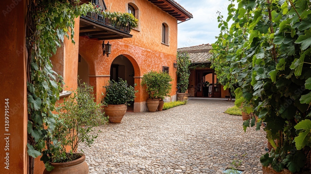 Naklejka premium European-style country villa with grapevines, cobblestone courtyard, and stucco walls