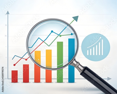 Magnifying glass focusing on bar graph and line graph showing growth and upward trend analysis data