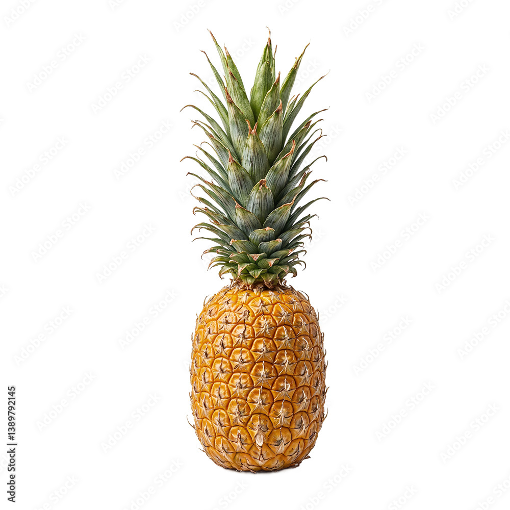 Juicy pineapple with vibrant green crown ripe golden skin positioned elegantly on a white background Juicy pineapple with vibrant green crown ripe golden skin positioned elegantly on a white background