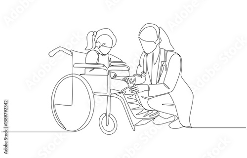 Continuous one line drawing of doctor holding splinted leg of girl in wheelchair, examining pediatric patient concept, single line art