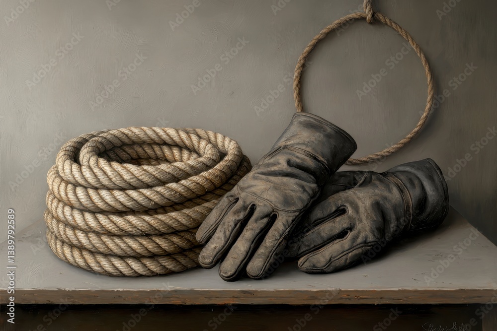 Fototapeta premium Worn Leather Gloves and Coiled Rope Still Life