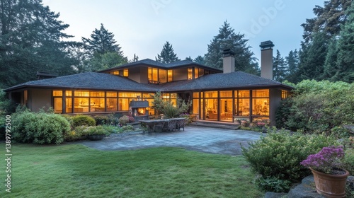 Flat roof house with an outdoor fireplace, large windows, and a patio area surrounded by lush plants