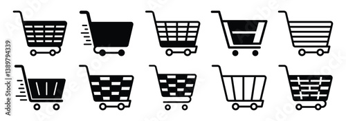 Shopping cart icon vector, shopping trolley icon, shopping carts symbolizing retail, purchasing and consumer goods in commerce. Shop cart icon vector illustration on white background. EPS 10