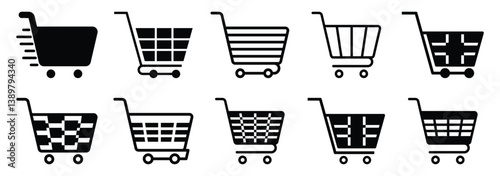 Shopping cart icon vector, shopping trolley icon, shopping carts symbolizing retail, purchasing and consumer goods in commerce. Shop cart icon vector illustration on white background. EPS 10