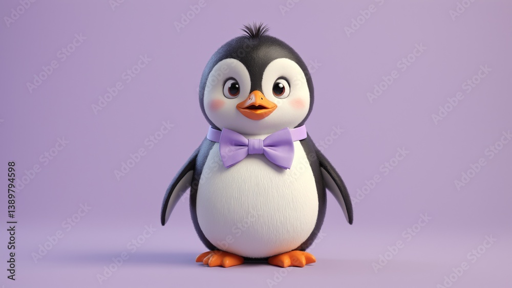 Fototapeta premium Cute Cartoon Penguin Character with Bow Tie on Soft Purple Background for Kids' Designs
