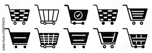 Shopping cart icon vector, shopping trolley icon, shopping carts symbolizing retail, purchasing and consumer goods in commerce. Shop cart icon vector illustration on white background. EPS 10