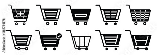 Shopping cart icon vector, shopping trolley icon, shopping carts symbolizing retail, purchasing and consumer goods in commerce. Shop cart icon vector illustration on white background. EPS 10