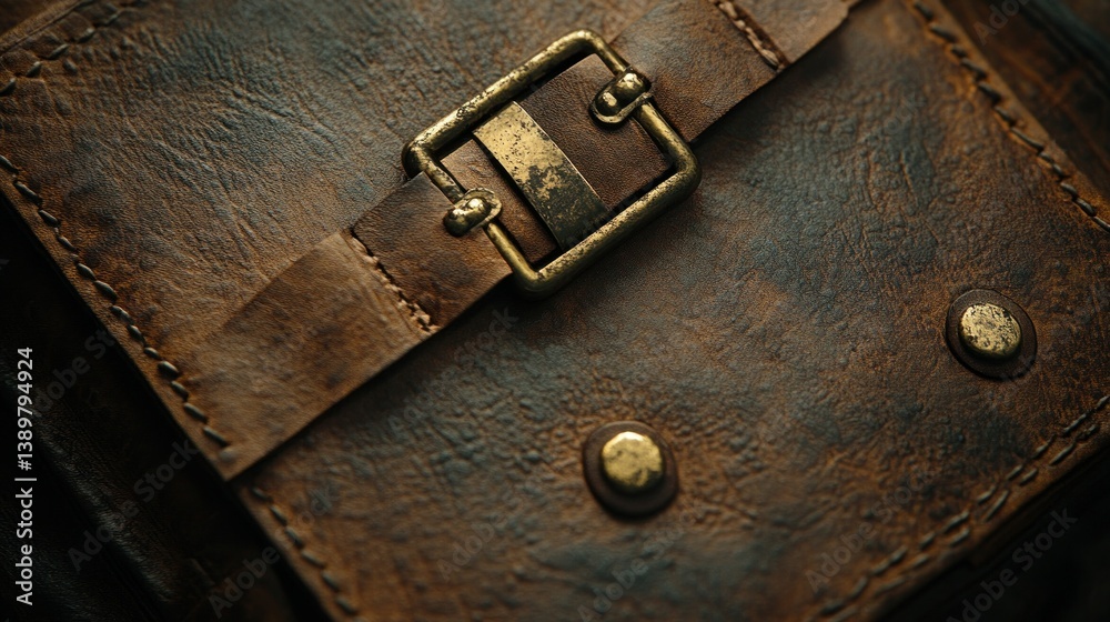 Close-up of a rustic leather bag with a brass buckle. Aged, handcrafted leather details are prominent Close-up of a rustic leather bag with a brass buckle. Aged, handcrafted leather details are prominent