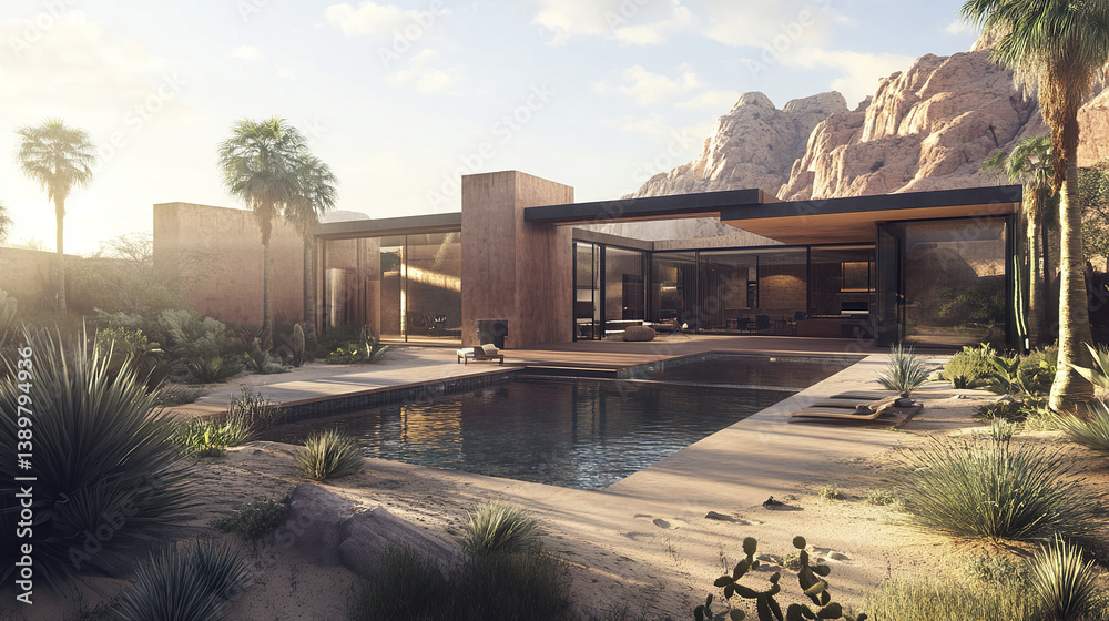 Obraz premium Modern desert house with pool and mountain view, warm tones enhance tranquility