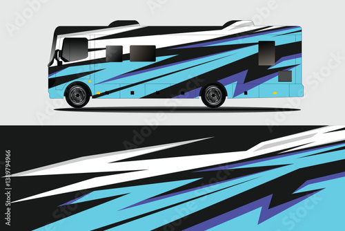 Stylish blue and black RV design showcasing dynamic patterns against a light background