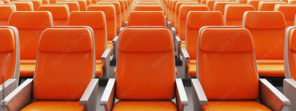 Fototapeta premium Bright orange seating arrangement in a spacious auditorium ready for an event