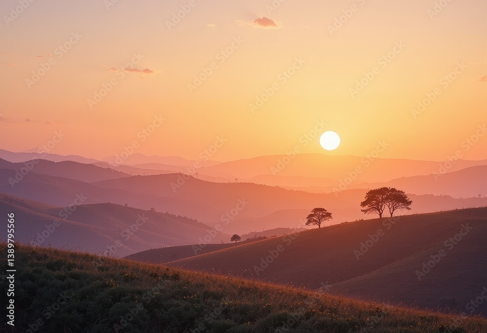 Obraz premium A lush green hill rises gently, adorned with a variety of trees, their leaves shimmering in the sunlight. The scene is tranquil, with a clear blue sky overhead and soft clouds drifting by.