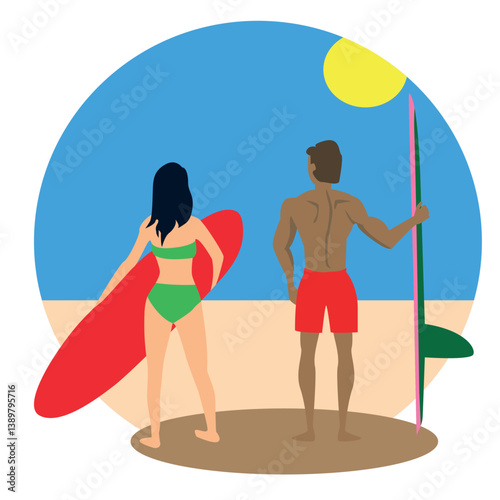 Round background on a white background. Surfers a guy and a girl are standing on the ocean shore and holding swimming boards in their hands.