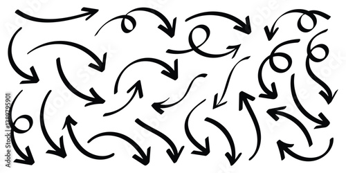 Set of black hand drawing arrows in doodle style. Hand drawn arrow mark vector illustration for business plan, presentation and education.
