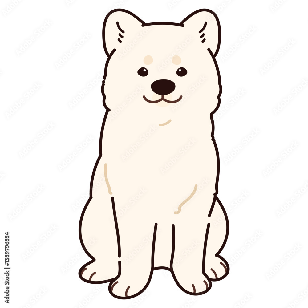 Fototapeta premium Simple and adorable outlined white Akita Dog sitting in front view