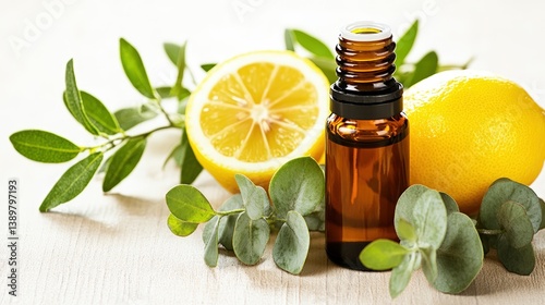 Brown amber bottle of lemon essential oil surrounded by fresh lemon halves and eucalyptus leaves on a light wood surface for natural wellness purposes