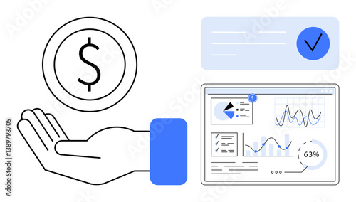Open hand holding dollar sign, analytical dashboard with charts, and approval checkmark. Ideal for financial growth, business strategy, data tracking, investment, decision-making, analytics flat