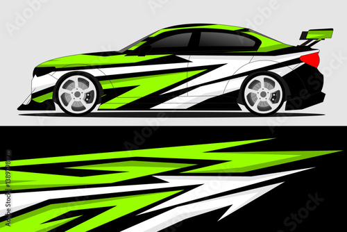 Stylish green and white sports car with dynamic graphics parked against a minimalist background