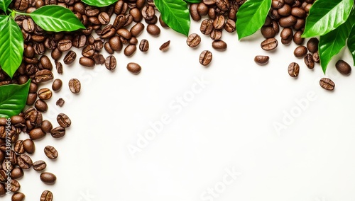 Fresh coffee beans and leaves arranged in a border on a white background