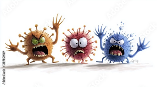 cartoon-like germs with angry faces and claws, playful yet menacing, watercolor effect