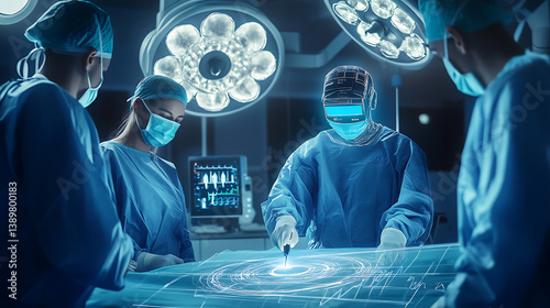 An AI powered remote surgery assistant, guiding surgeons through complex procedures using augmented reality, Medical tech style