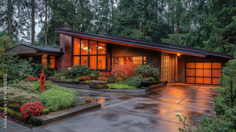 Mid-century modern forest house with clean lines and forest reflecting on glass
