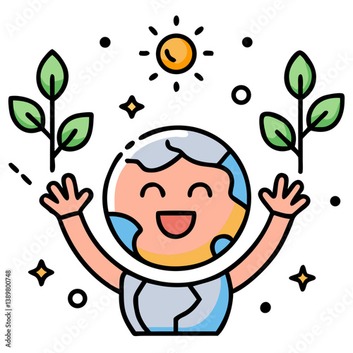mother nature, funny smiling cute globe, earth, isolated on transparent white background, png. 