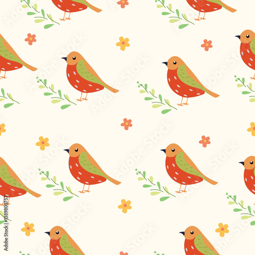 Seamless pattern with red and green cartoon birds with dotted details, placed on a cream background with decorative flowers and branches. Gentle and charming.