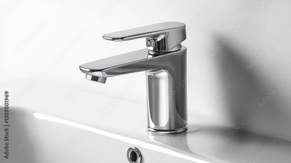 Closeup of chrome faucet with water running. Water flows smoothly from tap. White background. Interior shot. Water drops visible. Modern home bathroom kitchen. Efficient water use. Healthy lifestyle. Closeup of chrome faucet with water running. Water flows smoothly from tap. White background. Interior shot. Water drops visible. Modern home bathroom kitchen. Efficient water use. Healthy lifestyle.